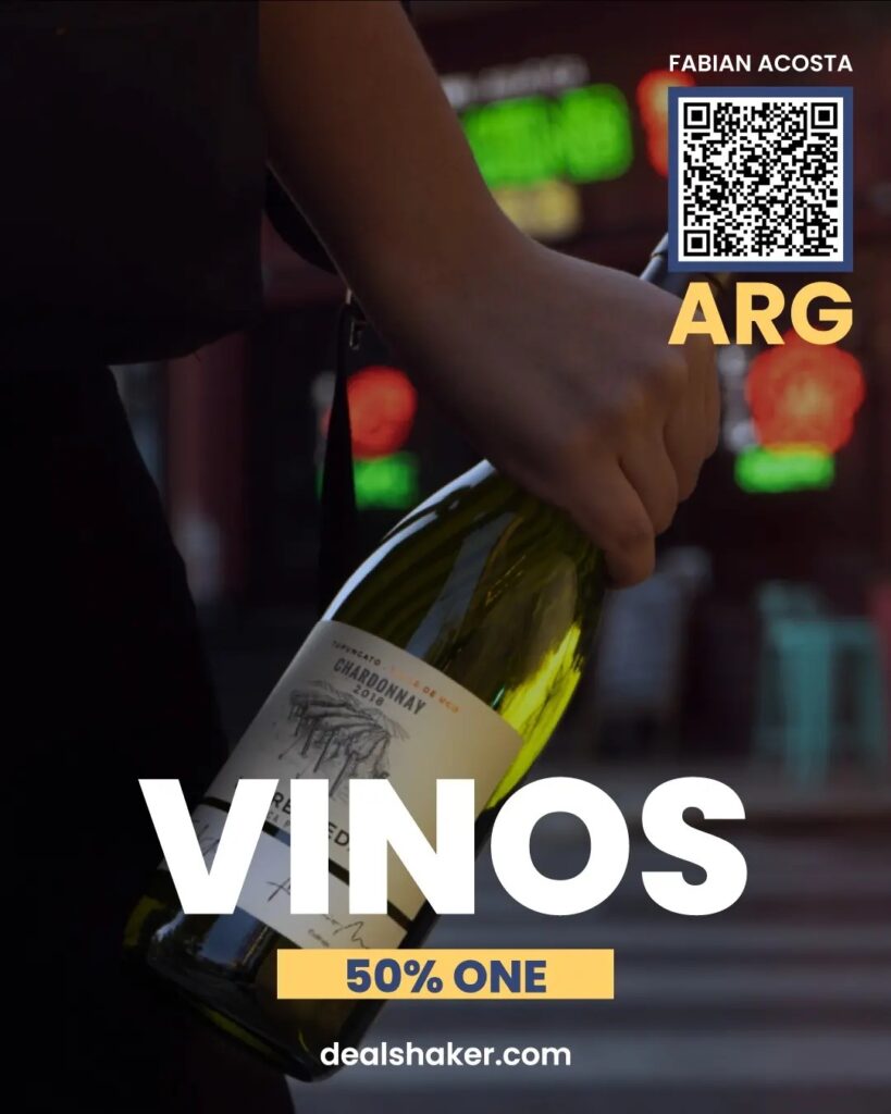 輸入転売 越境EC 「vinos 50 % one」と書かれたアルゼンチンワインチン(アルゼンチンワイン)のボトルを持っている人。
