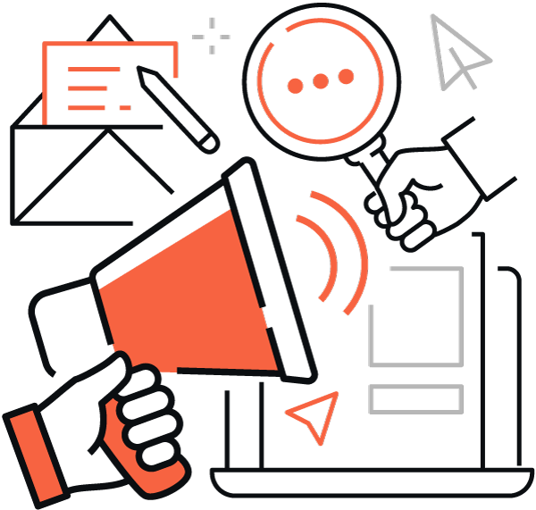 Ilustración gráfica de herramientas de marketing digital, como megáfono, icono de búsqueda, móvil, documentos, etc., representados en combinación de colores naranja y negro.